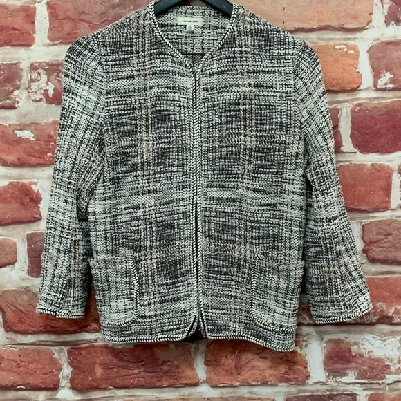 MAX STUDIO WOMEN'S WHITE & BLACK TWEED SWEATER CARDIGAN BLAZER JACKET - Picture 5 of 7